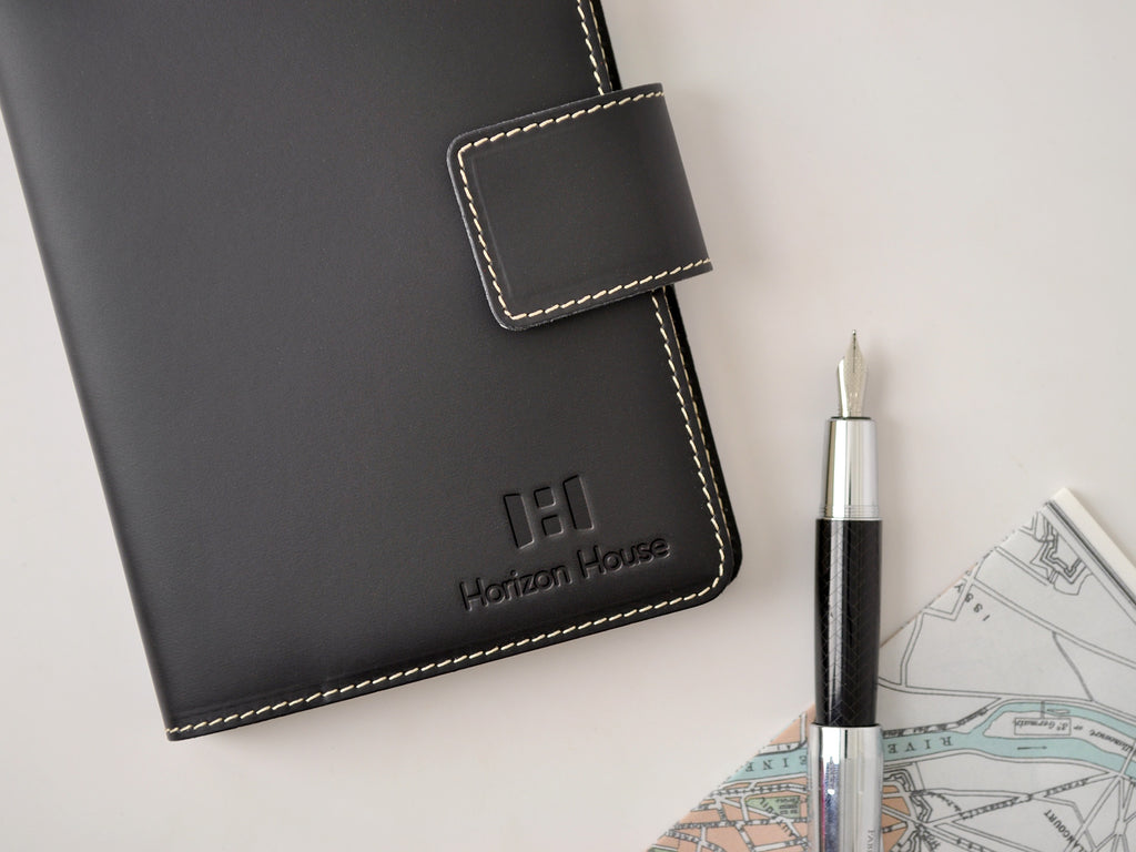 Bella Italian Leather refillable journal with custom blind embossed logo imprint